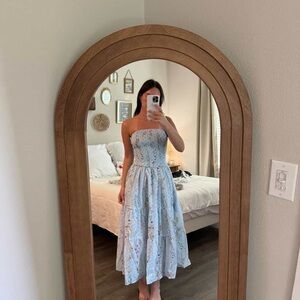 Strapless Light Blue Floral Midi Dress